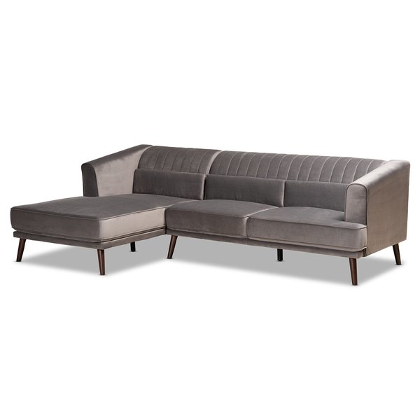 Baxton Studio Morton Mid-Century Grey Velvet and Dark Brown Finished Wood Sectional Sofa with Left Facing Chaise 183-11700-Zoro